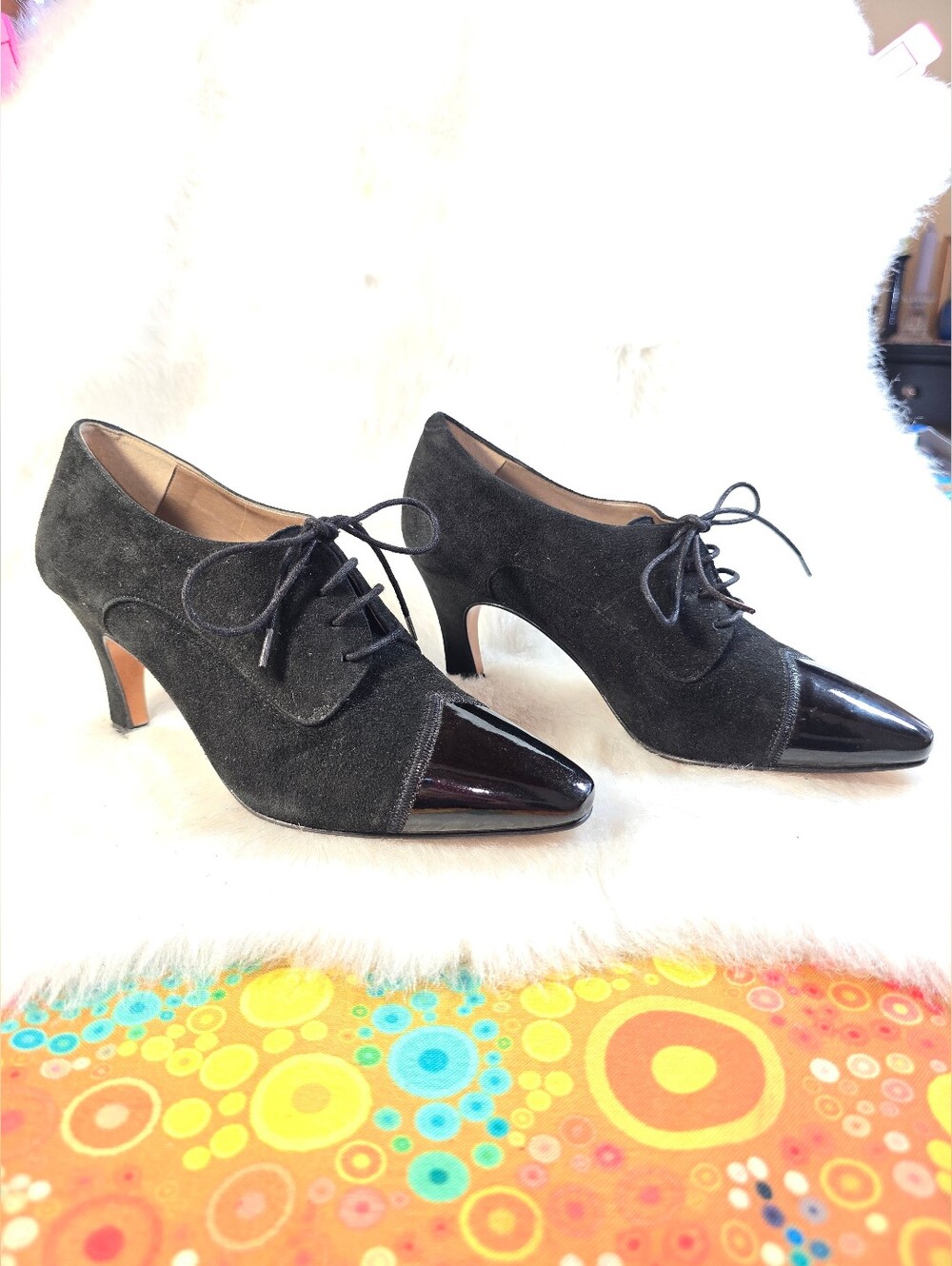 Bandolini "Gershwin" Classic Black Suede & Patent Leather Lace-Up Heels